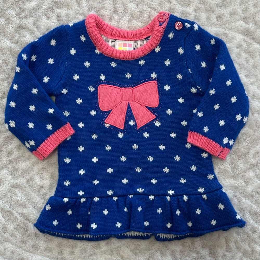 🩷EUC🩷Healthtex Blue and Pink Sweater with Bow and Polka Dots size 0-3 months